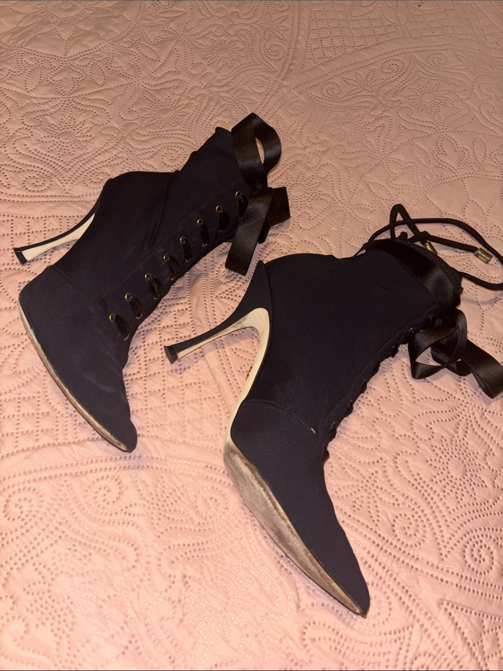 Dolce Gabbana Black Lace-Up Satin Ankle Heels